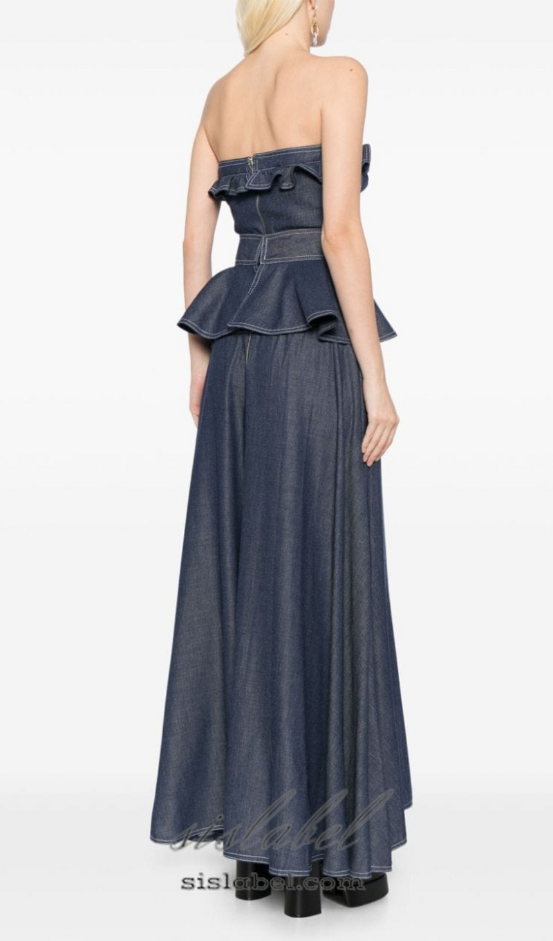 SIGRID PEPLUM-WAIST DENIM JUMPSUIT IN NAVY BLUE