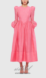 DELIA PINK LANTERN SLEEVE ROUND NECK MIDI DRESS