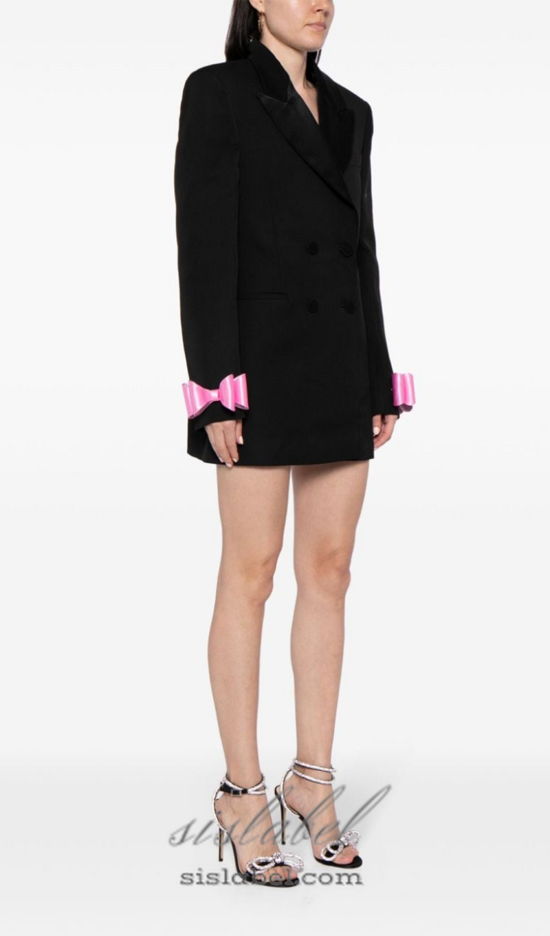 INGRID BOW-EMBELLISHED WOOL BLACK BLAZER DRESS