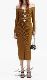 MAUREEN KHAKI JERSEY OFF SHOULDER MIDI DRESS