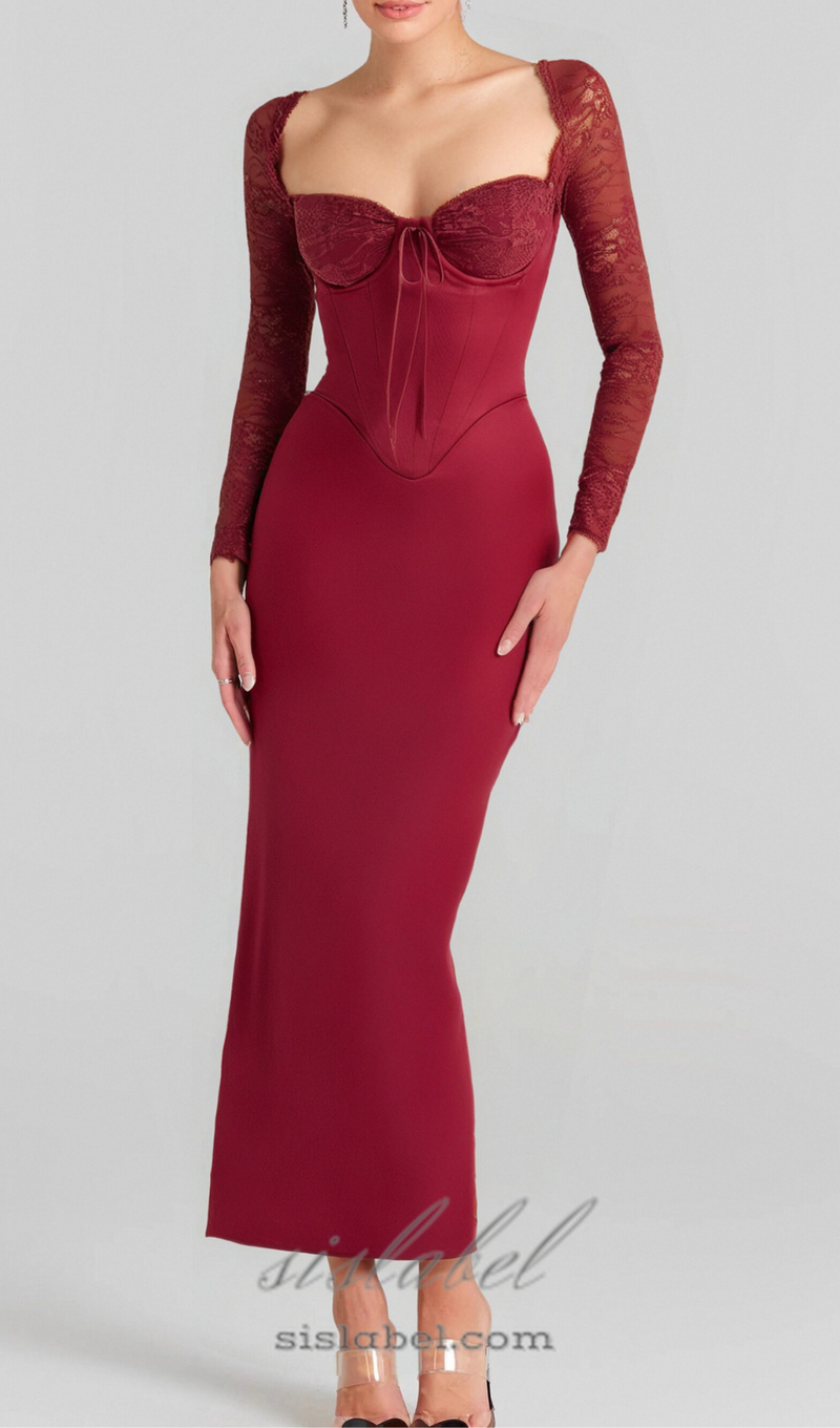 burgundy satin maxi dress with corset