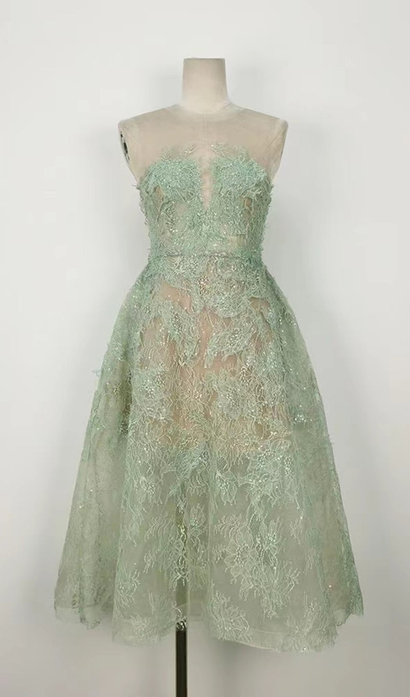 GREEN FLORAL LACE EMBROIDER MIDI DRESS