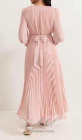 lantern sleeve pleated maxi dress in pale pink