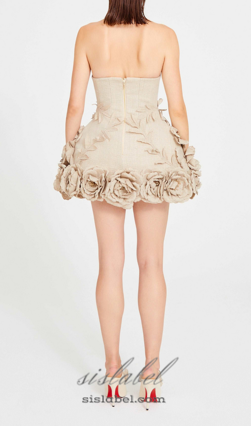 SALOME BEIGE LINEN CORSET FLOWER DETAILS MINI DRESS