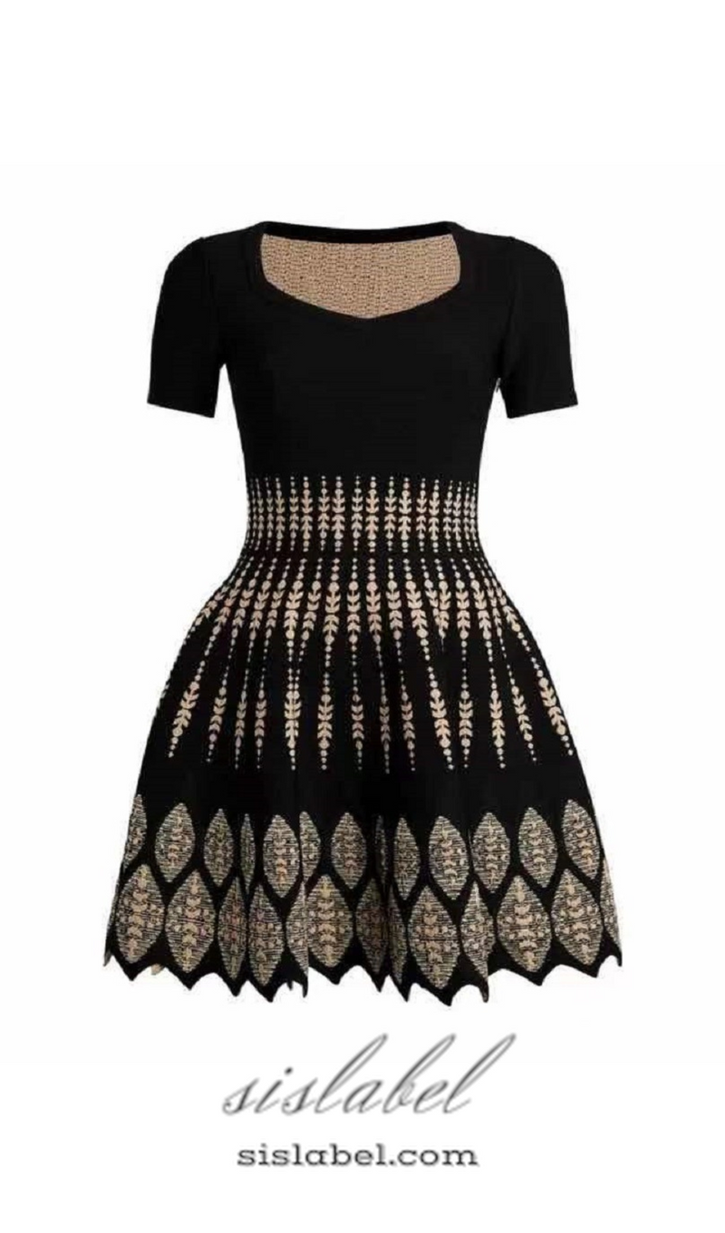 ELEANORE BLACK GEOMETRIC JACQUARD FLARE MINI DRESS