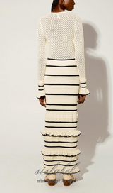 BRIDGET KNIT STRIPE FRILL MIDI DRESS IN WHITE