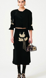 Pauline black floral-appliqué jacket & skirt matching set