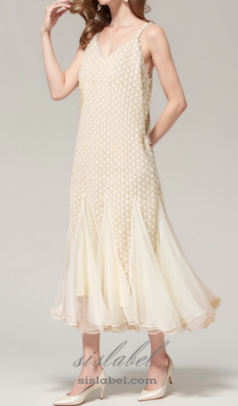 SYLVIA BEIGE EMBROIDERED SPLICING SLEEVELESS MIDI DRESS