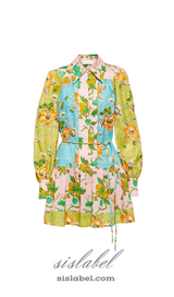 DONNA PRINTED COLORBLOCKED LINEN SHIRT DRESS