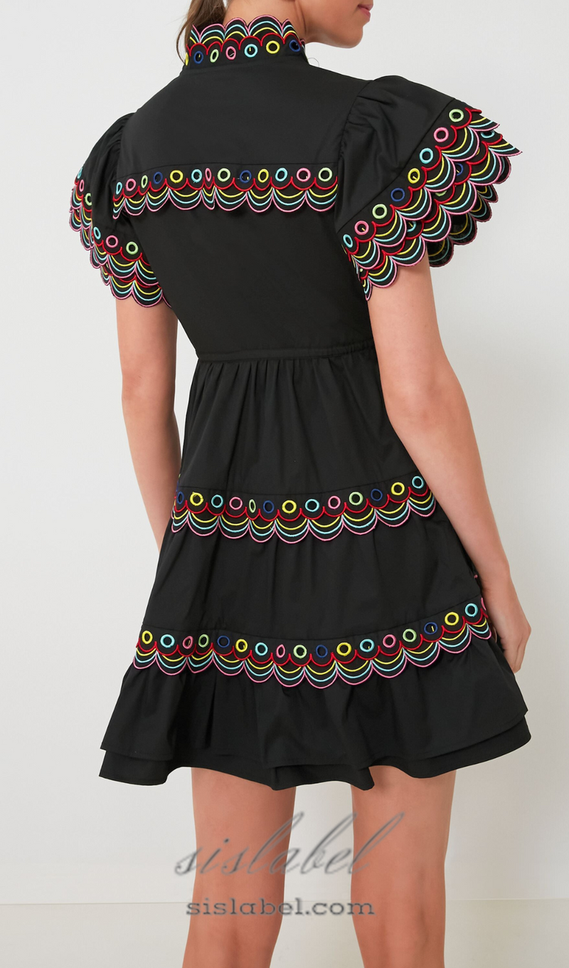 WAVY RUCHED  TRIM MINI DRESS IN BLACK