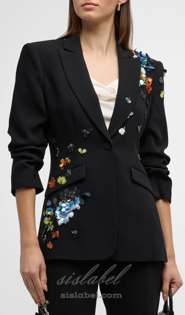 Sequin Flower Scrunched black Blazer set