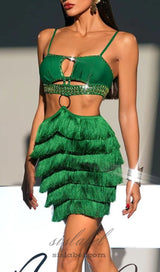 GREEN RHINESTONE CUTOUT FRINGE DRESS