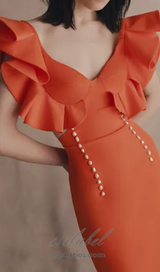 TOBEY ORANGE PEARL EMBELLISHED RUFFLE TRIM NECK MIDI DRESS