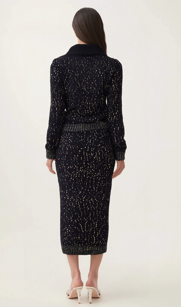 Claudine navy crochet-knit jacket & skirt matching set