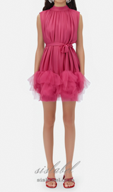 half-high-neckline tulle mini dress in pink