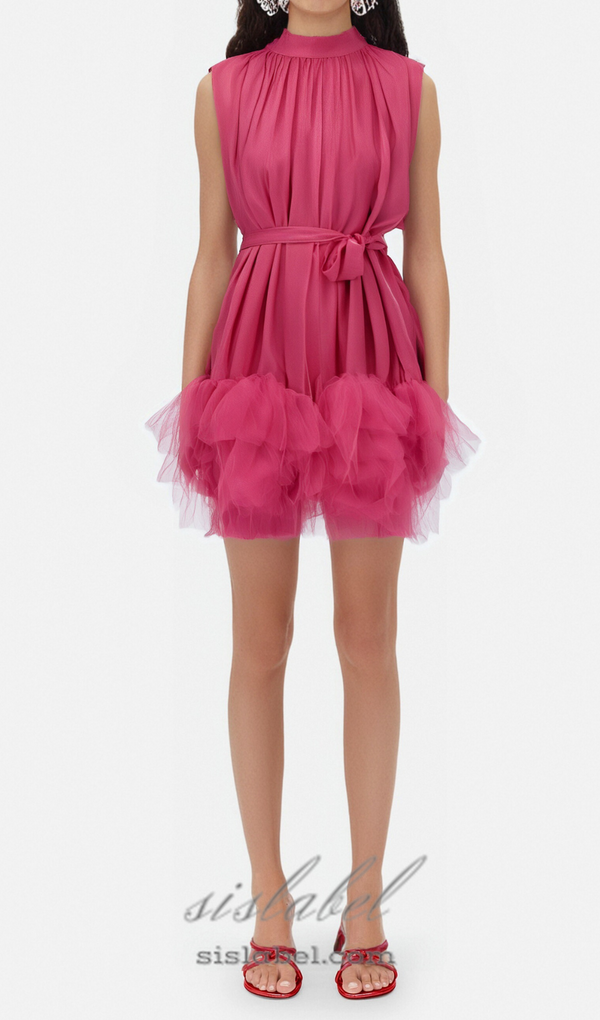 half-high-neckline tulle mini dress in pink