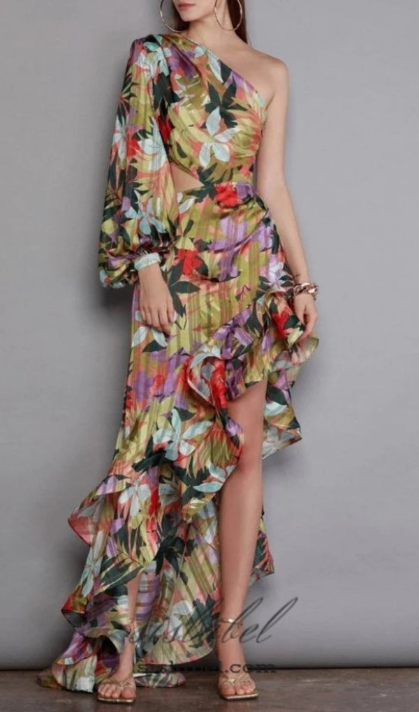 ONE SHOULDER RUFFLR TRIM PRINTED MAXI DRESS