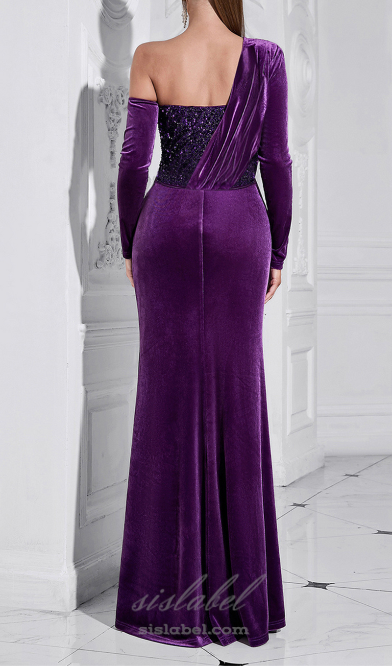 one shoulder sequin-embellished velvet maxi dress in purple