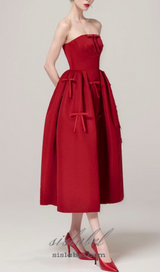 RED STRAPLESS RIBBON FRONT PLAIN A-LINE MIDI DRESS