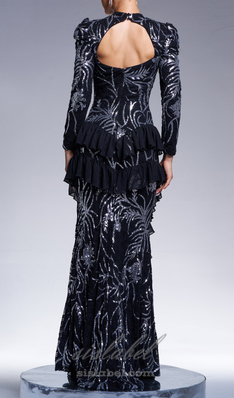 ruffle trim sequin print maxi dress in black