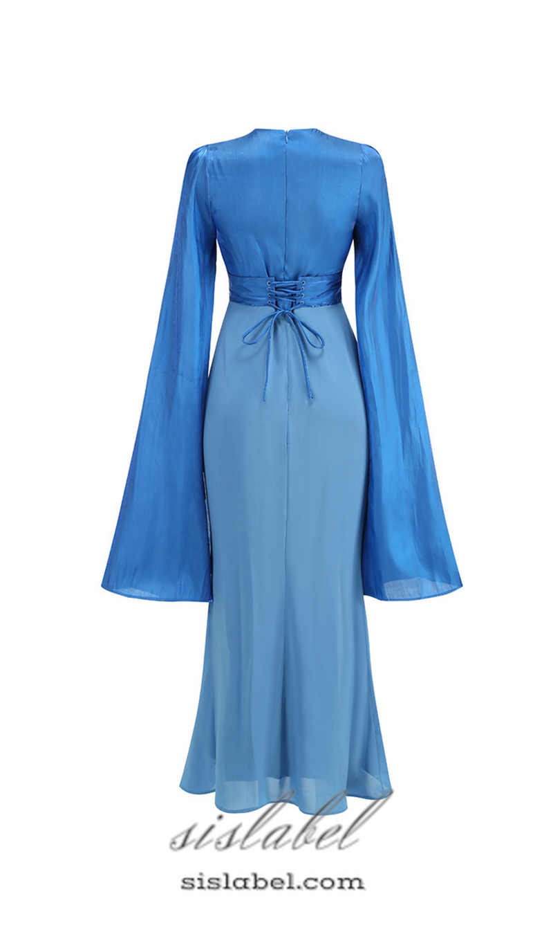 MARCIA TRUMPET SLIT SLEEVE BODYCON MAXI DRESS IN BLUE