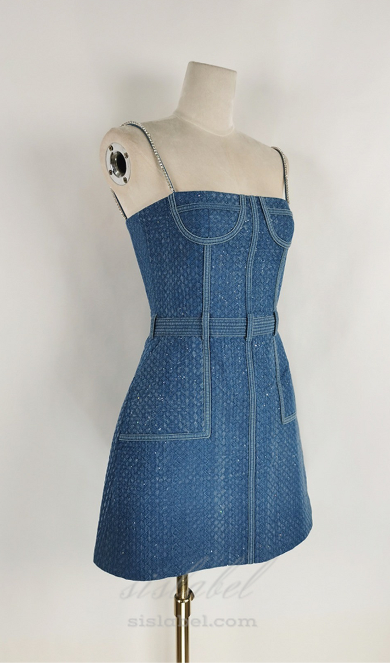 ANDREA DENIM RHINESTONE SUSPENDER MINI DRESS IN BLUE