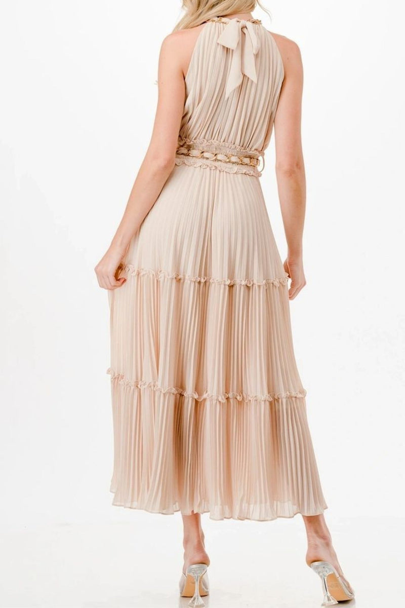 Pleated Midi Dress with Chain Detail