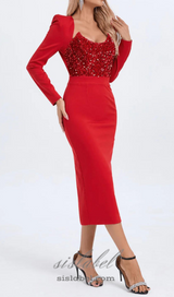 MELISSA LONG SLEEVE PATCHWORK SEQUIN MIDI DRESS IN RED