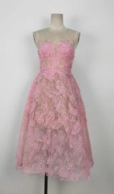 PINK FLORAL LACE EMBROIDER MIDI DRESS