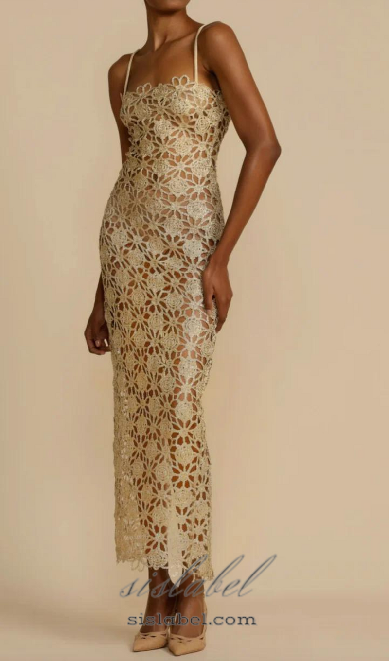 AGNES GOLD LACE CROCHET CUTOUT MIDI DRESS