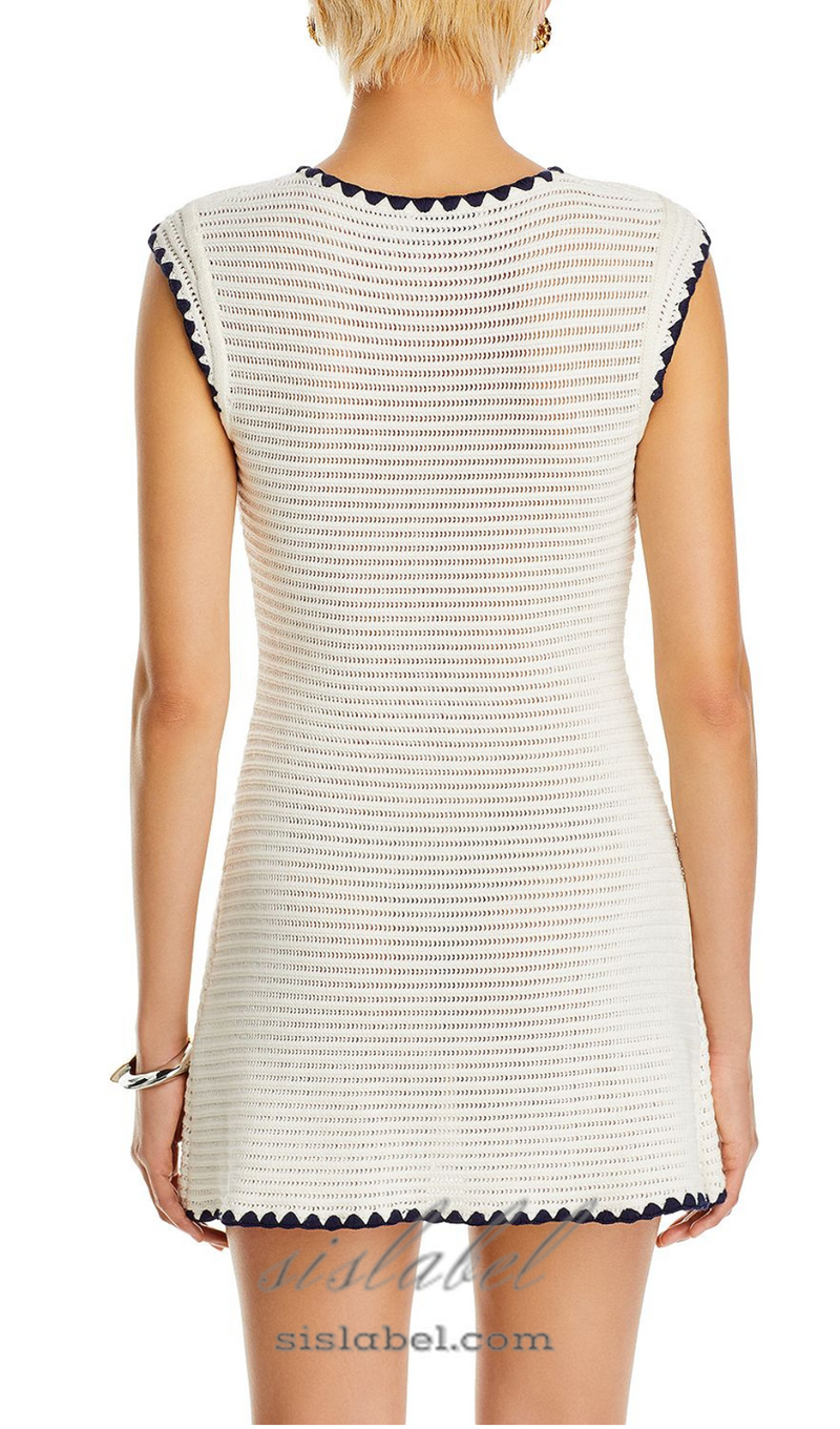 PANDORA 8-BUTTON WHITE SLEEVELESS CROCHET MINI DRESS