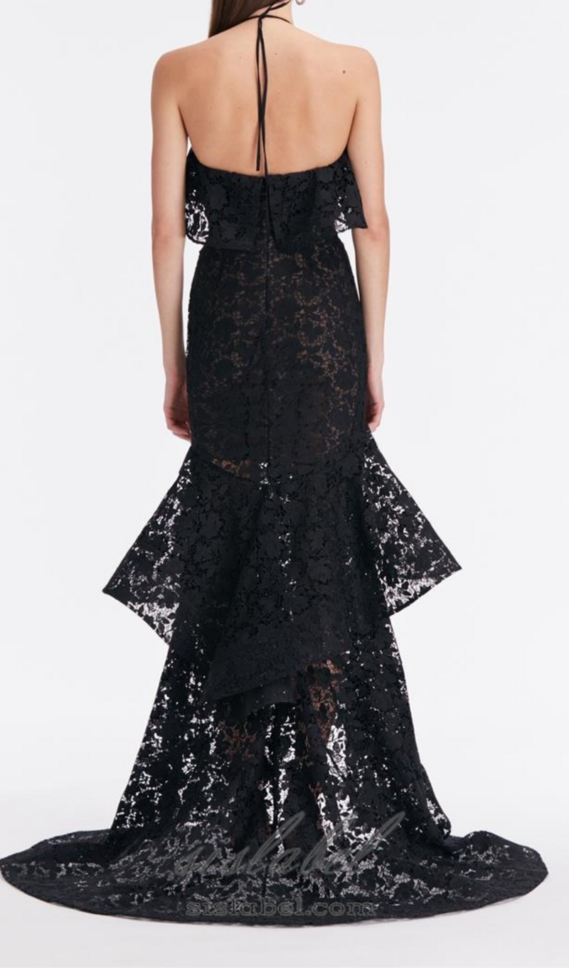 LYNN GARDENIA GUIPURE LACE RUFFLE GOWN IN BLACK