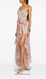 ZORA PINK FLORAL-PRINT RUFFLED SILK MIDI DRESS