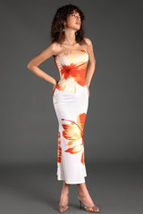 SARRIDES STRAPLESS PRINT MIDI DRESS