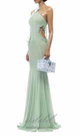 Butterfly Slip Halterneck Tulle maxi Dress in Green