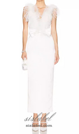 SIBYL FEATHER SLEEVELESS MIDI DRESS IN WHITE