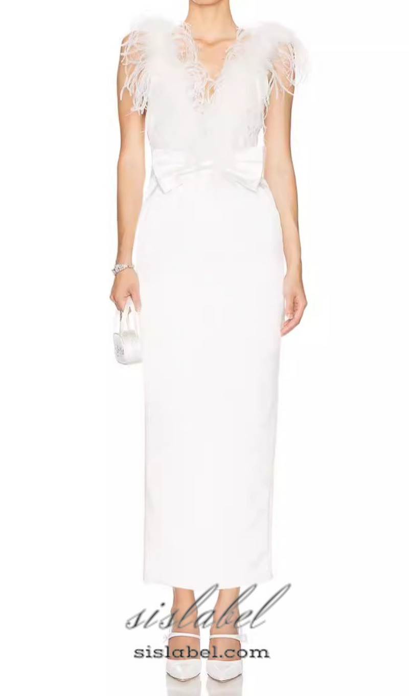 SIBYL FEATHER SLEEVELESS MIDI DRESS IN WHITE