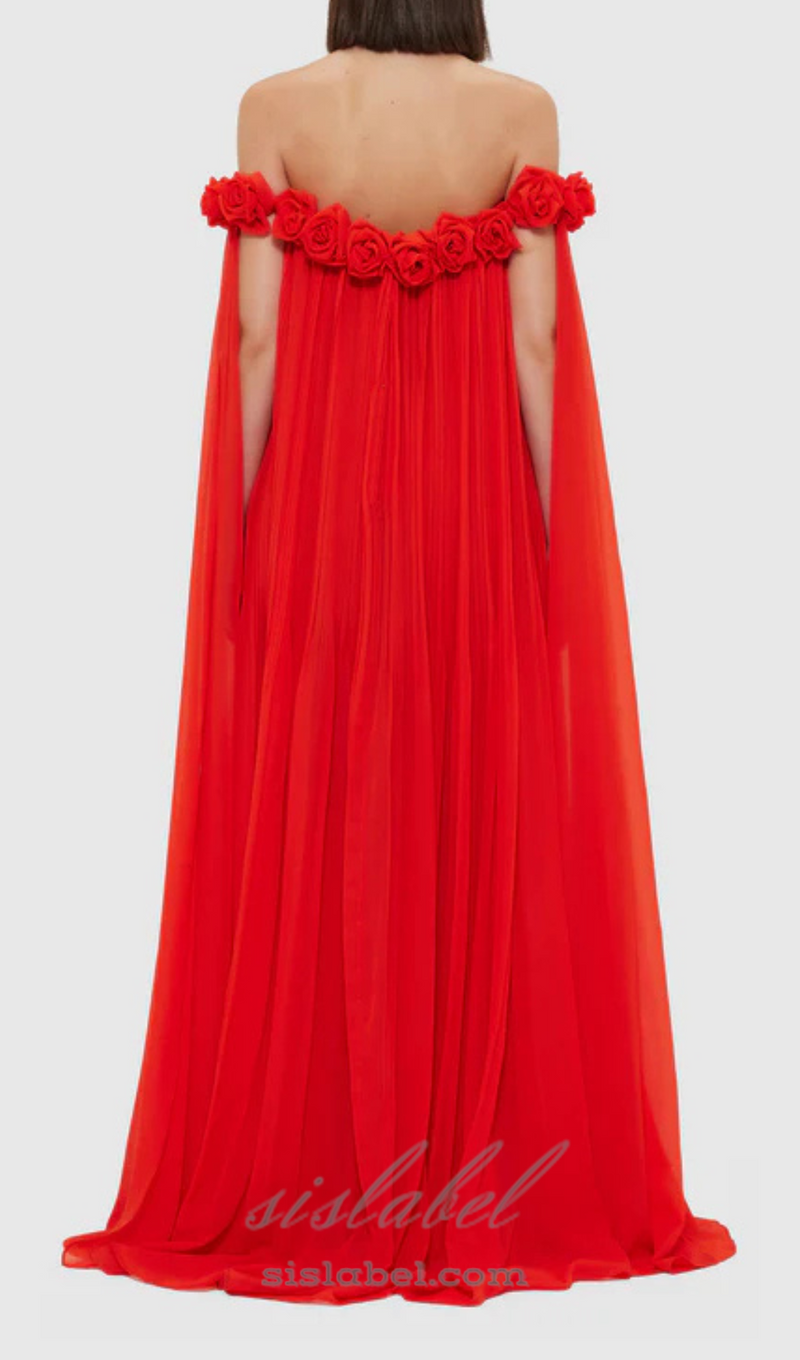 draped floor length dress in scarlet