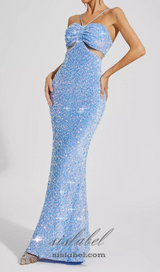 MARIAN BLUE CUTOUT SEQUINS HALTER MAXI DRESS