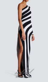 XAVIERA ASYMMETRICAL STRIPED KNIT MAXI DRESS