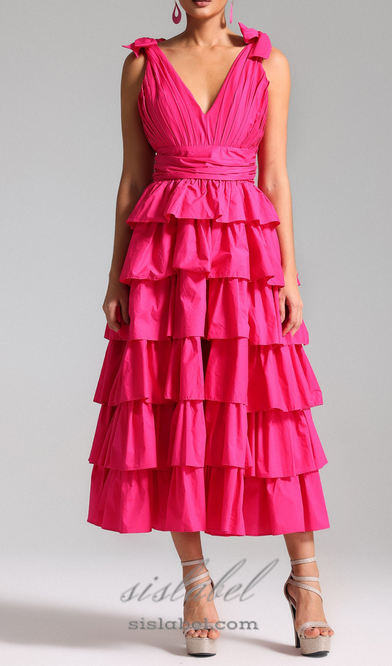 PLUNGE V RUFFLE TIERED SLIT GOWN IN PINK