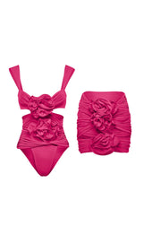 PINK 3D FLOWER ONE PIECE SWIMSUIT AND SKIRT