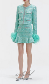 STEPHANIE BOUCLE FEATHER JACKET SUIT IN GREEN