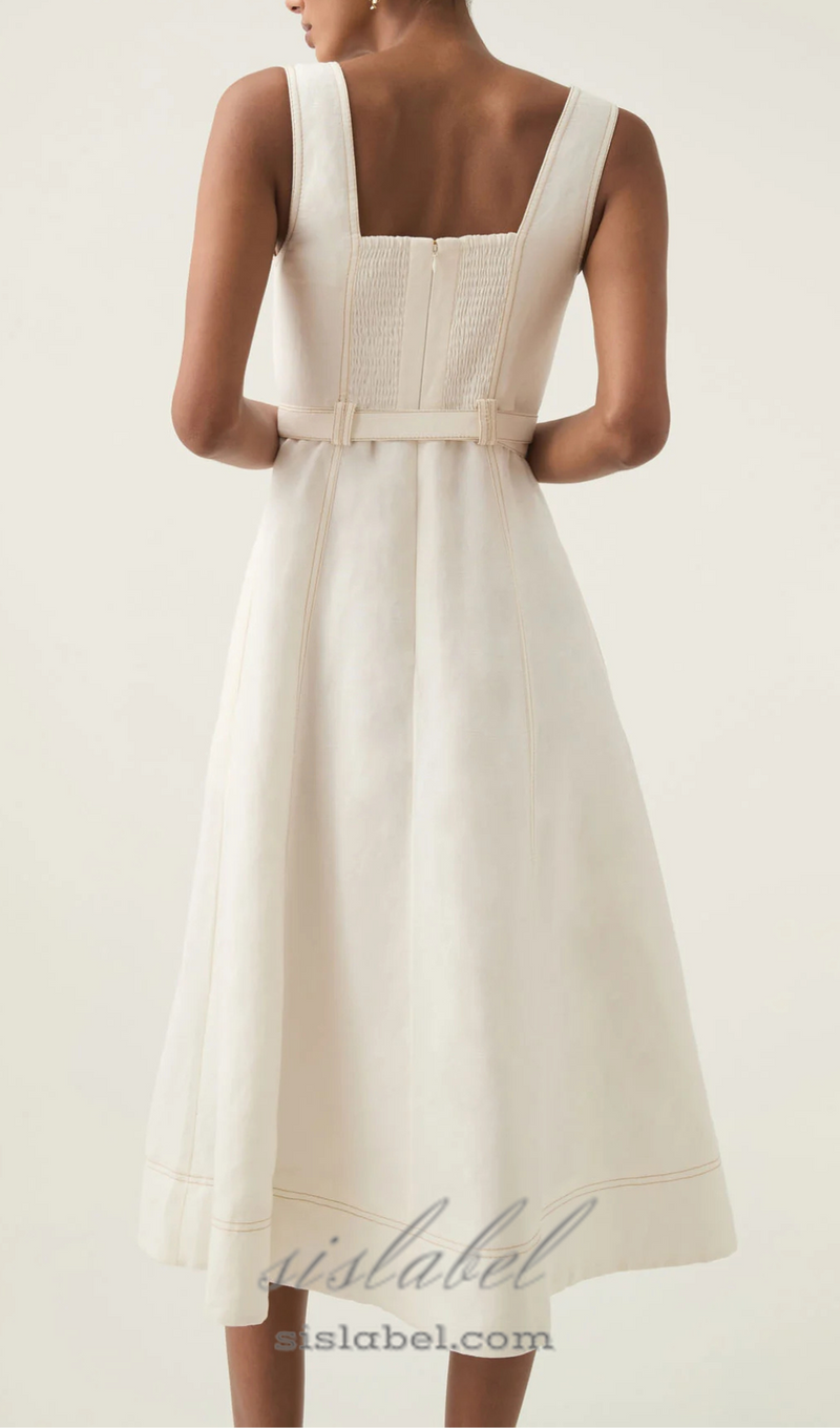 sweetheart neckline belted midi dress in ivory