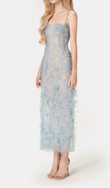 Blue Beaded Lace Pencel Dress