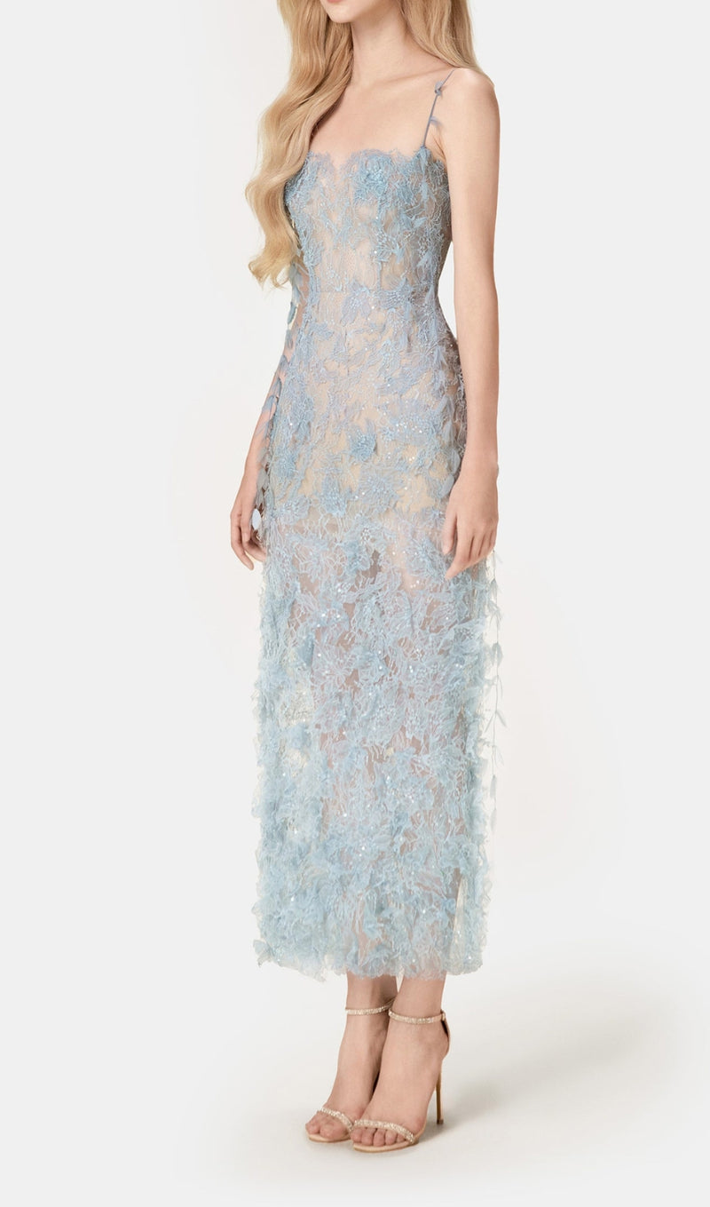 Blue Beaded Lace Pencel Dress