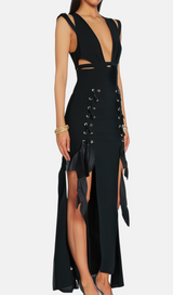 HOLLOW DOUBLE SLIT RIBBON MIDI DRESS IN BLACK