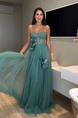 AALIYAH GREEN FLOWER EMBELLISH TULLE STRAPLESS MAXI DRESS