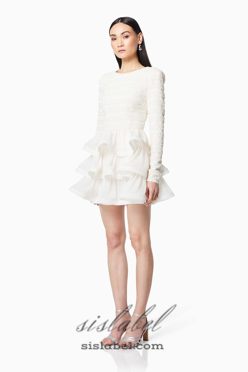 Ruffle trim Long Sleeved Mini Dress in white