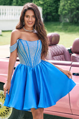 A Line Off The Shoulder Blue Beaded Homecoming Dress